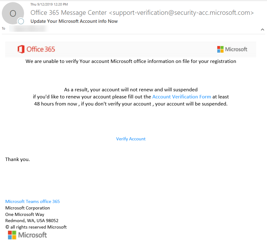 First glance of phishing email Office 365