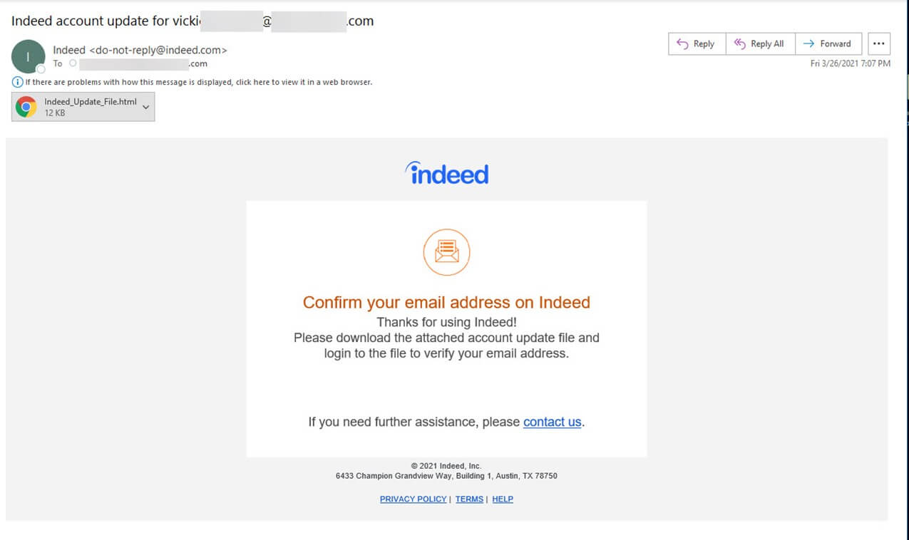 A screenshot of the Indeed-themed phishing email. (Source: Zix | AppRiver)