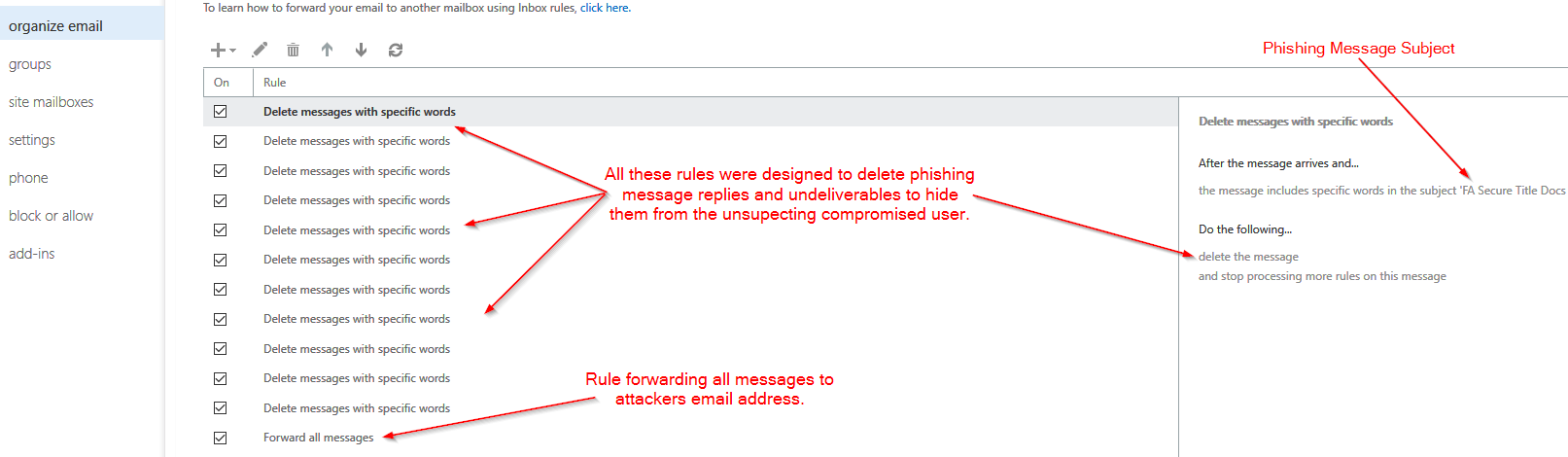 Mail Rules Created by Attacker